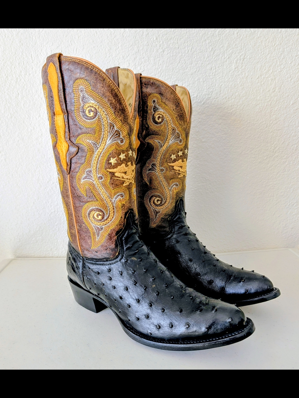 El General Black Ostrich Foot Brown Embroidered Western Boots